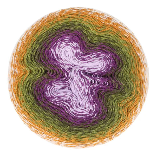 A ball of Scheepjes Whirl yarn showing a orange, olive green, purple, and lavender gradient pattern on a white background with brand text.