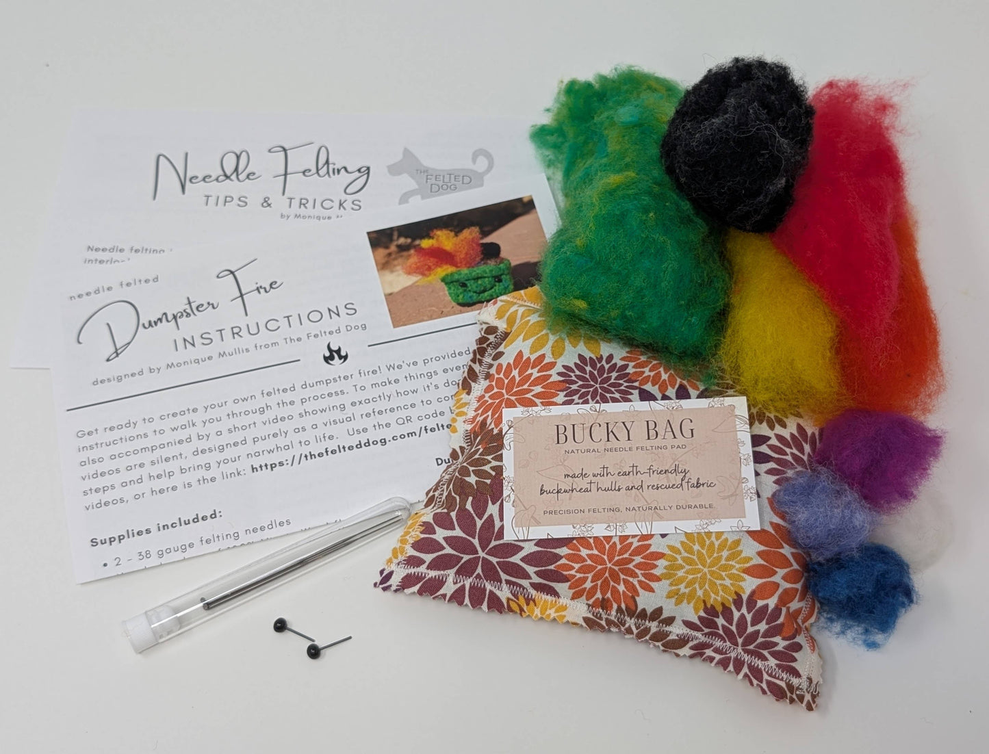 Colorful fiber roving, a patterned bag, and instructions on a white background