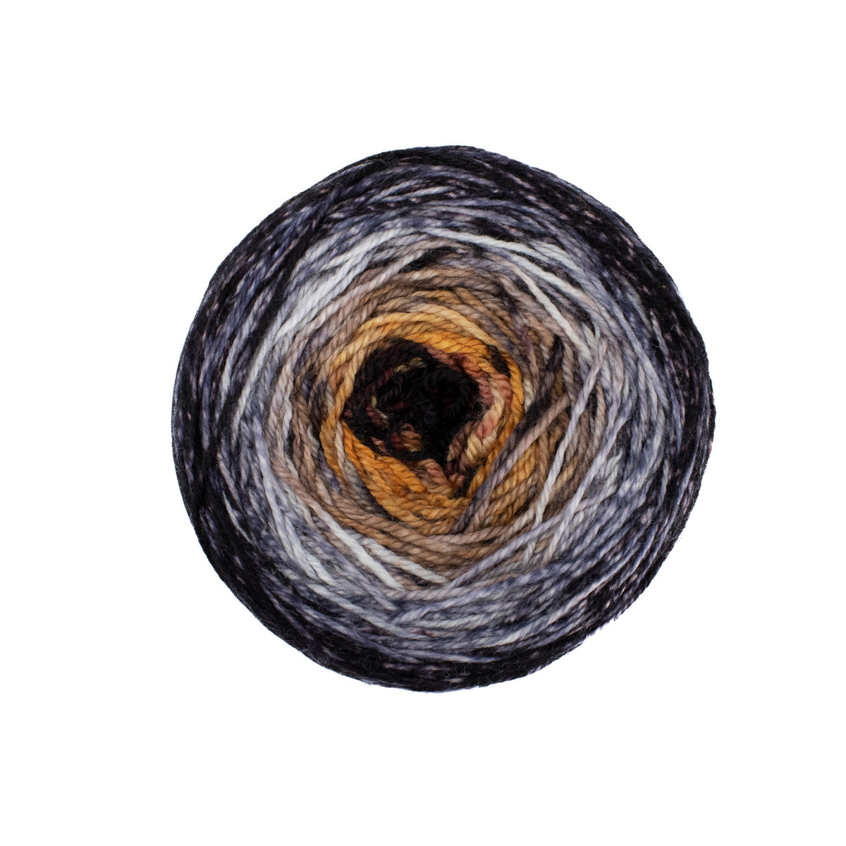 Cake of yarn with orange and black gradient on a white background