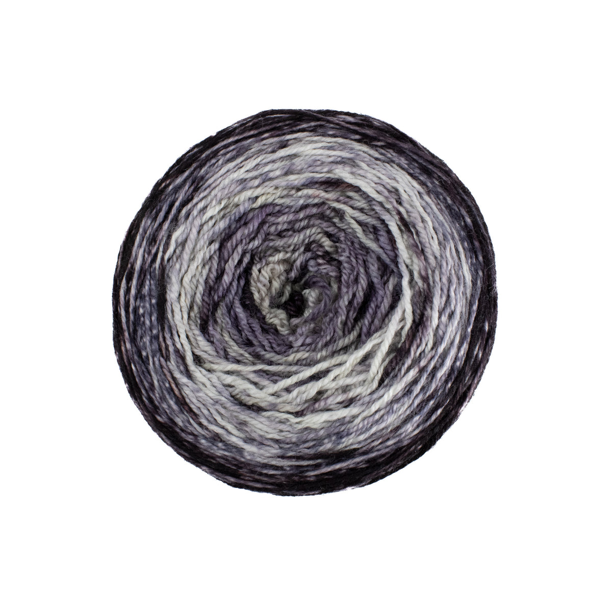 Cake of yarn with grey and black gradient on a white background