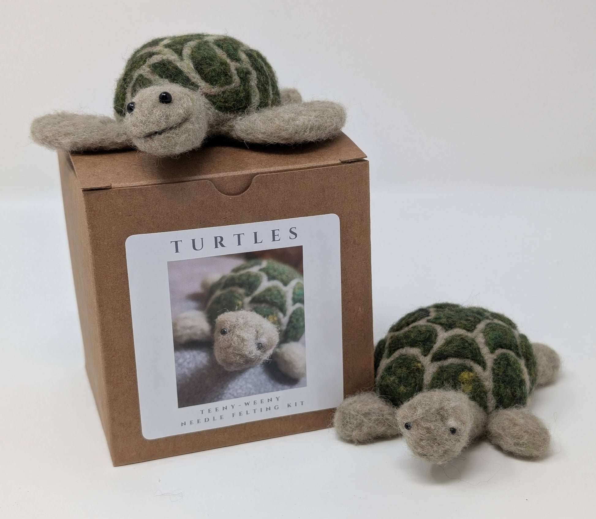 Two needle felted turtles and a box labeled 'Turtles' on a white background
