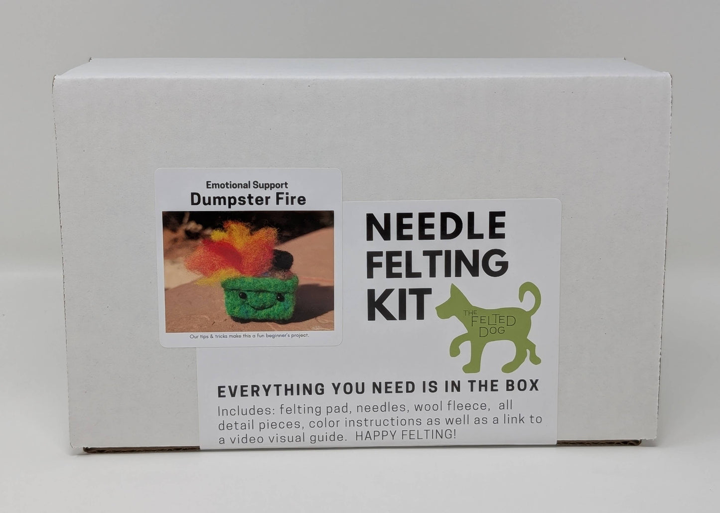 Box for a needle felting kit with text and images on a white background