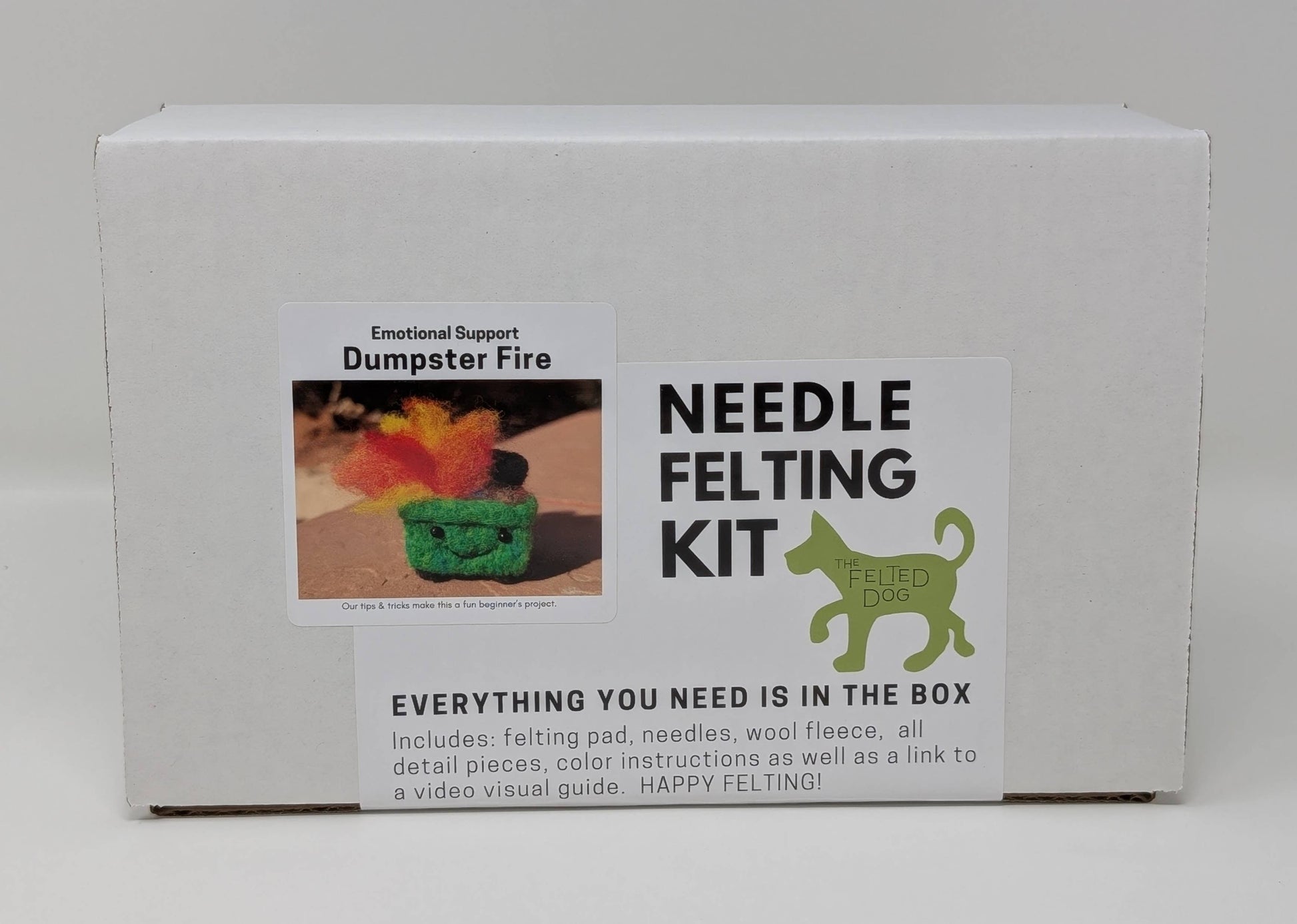 Box for a needle felting kit with text and images on a white background