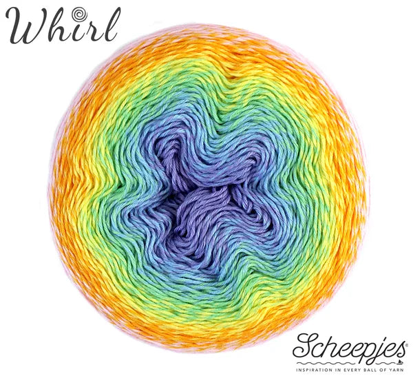 A ball of Scheepjes Whirl yarn showing a purple, blue, green, and yellow gradient pattern on a white background with brand text.