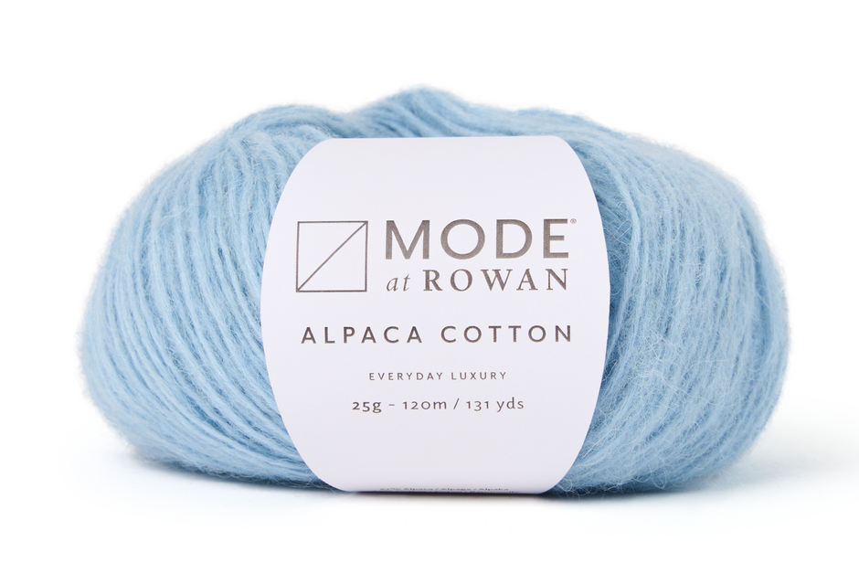 Light blue skein of yarn with a white label on a white background