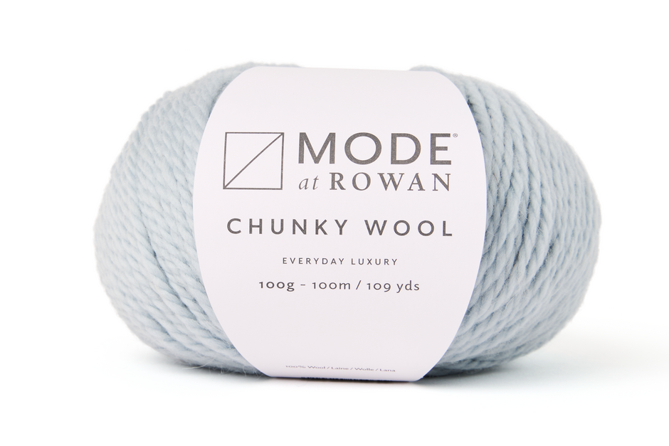 light blue Ball of Mode at Rowan Chunky Wool yarn on a white background