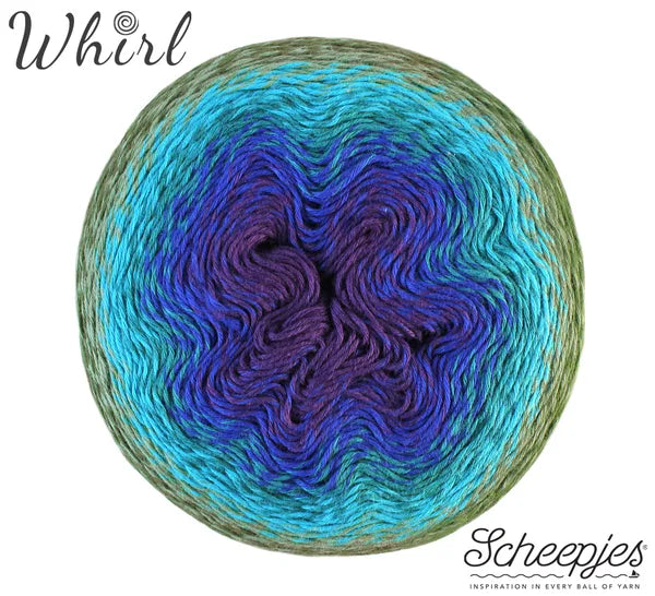 A ball of Scheepjes Whirl yarn showing a purple, blue, teal, and green gradient pattern on a white background with brand text.