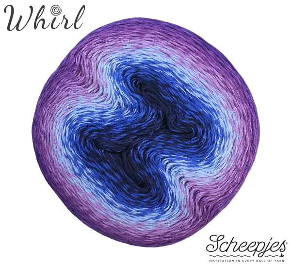 A ball of Scheepjes Whirl yarn showing a purple, lavender, and blue gradient pattern on a white background with brand text.