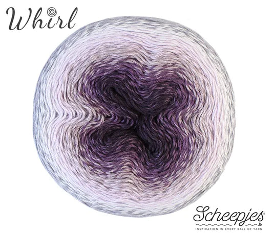 A ball of Scheepjes Whirl yarn showing a purple and lavender gradient pattern on a white background with brand text.
