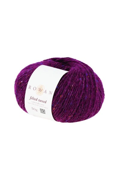 burgundy Ball of felted tweed yarn with Rowan label on a white background