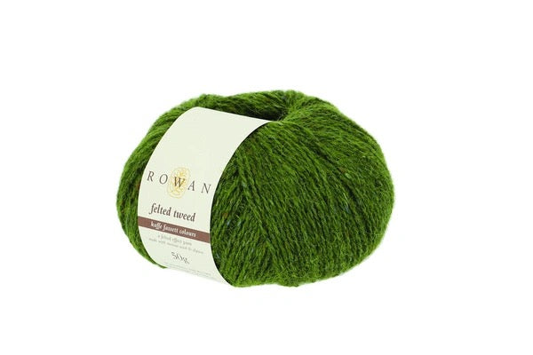 Green skein of felted tweed yarn with a Rowan label on a white background