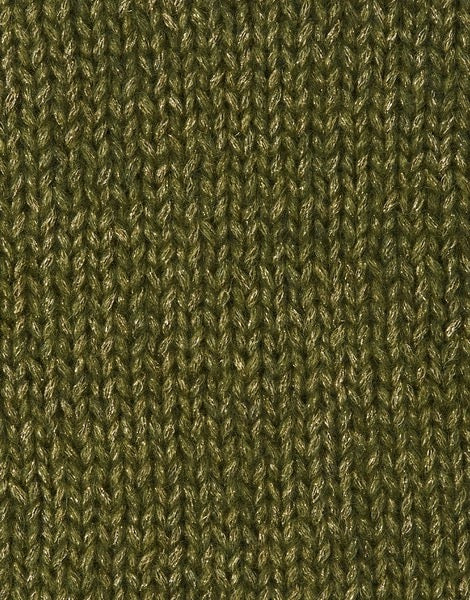 Close-up of a knit fabric in olive green with subtle metallic sheen.