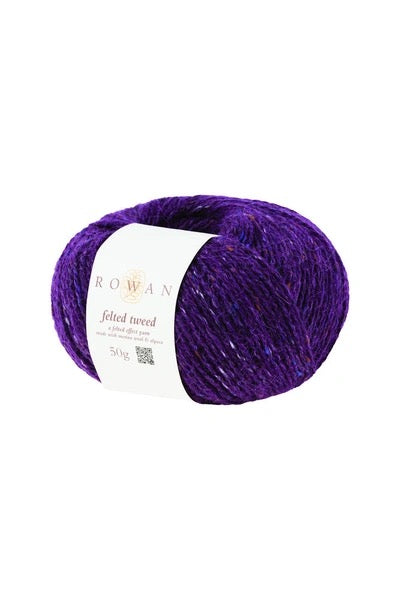 Purple yarn ball with tweed bits Rowan label on a white background