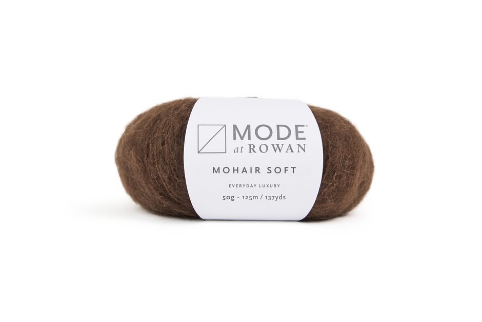 Brown ball of yarn with a 'Mode at Rowan' label on a white background