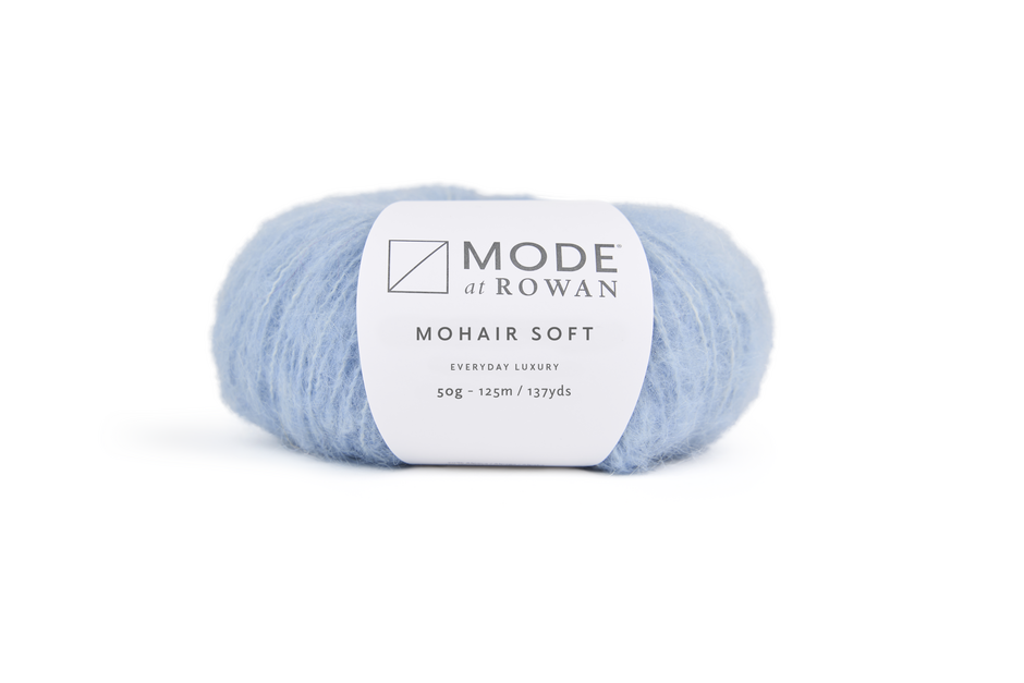 Light blue skein of yarn with Rowan label on a white background