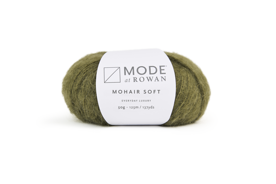 Ball of green yarn with a Mode at Rowan label on a white background