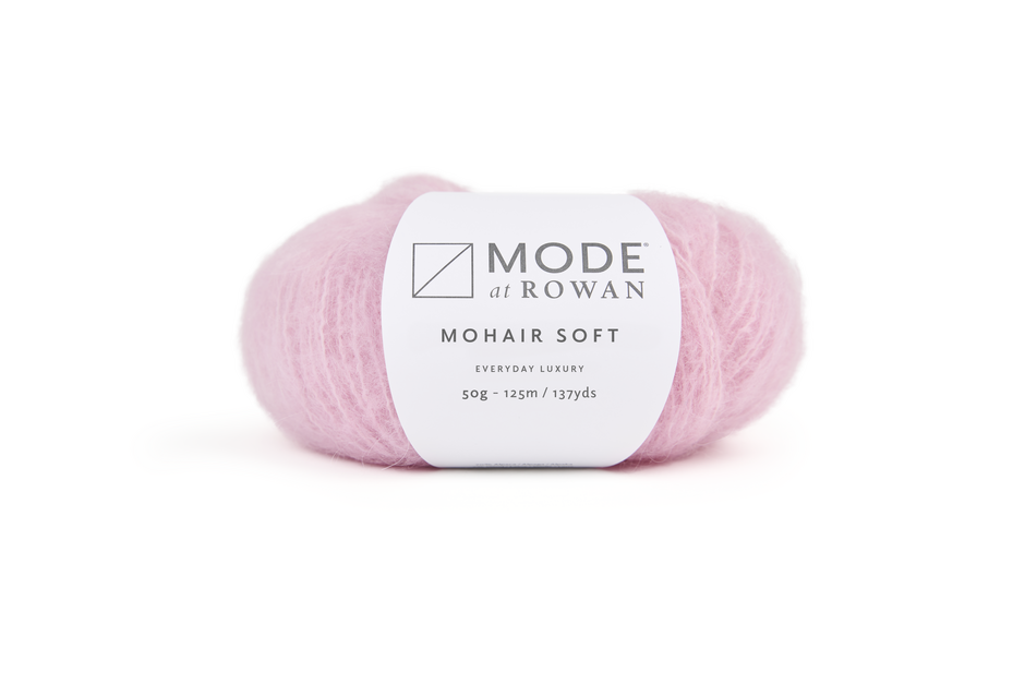 Pink skein of yarn with a Mode at Rowan label on a white background