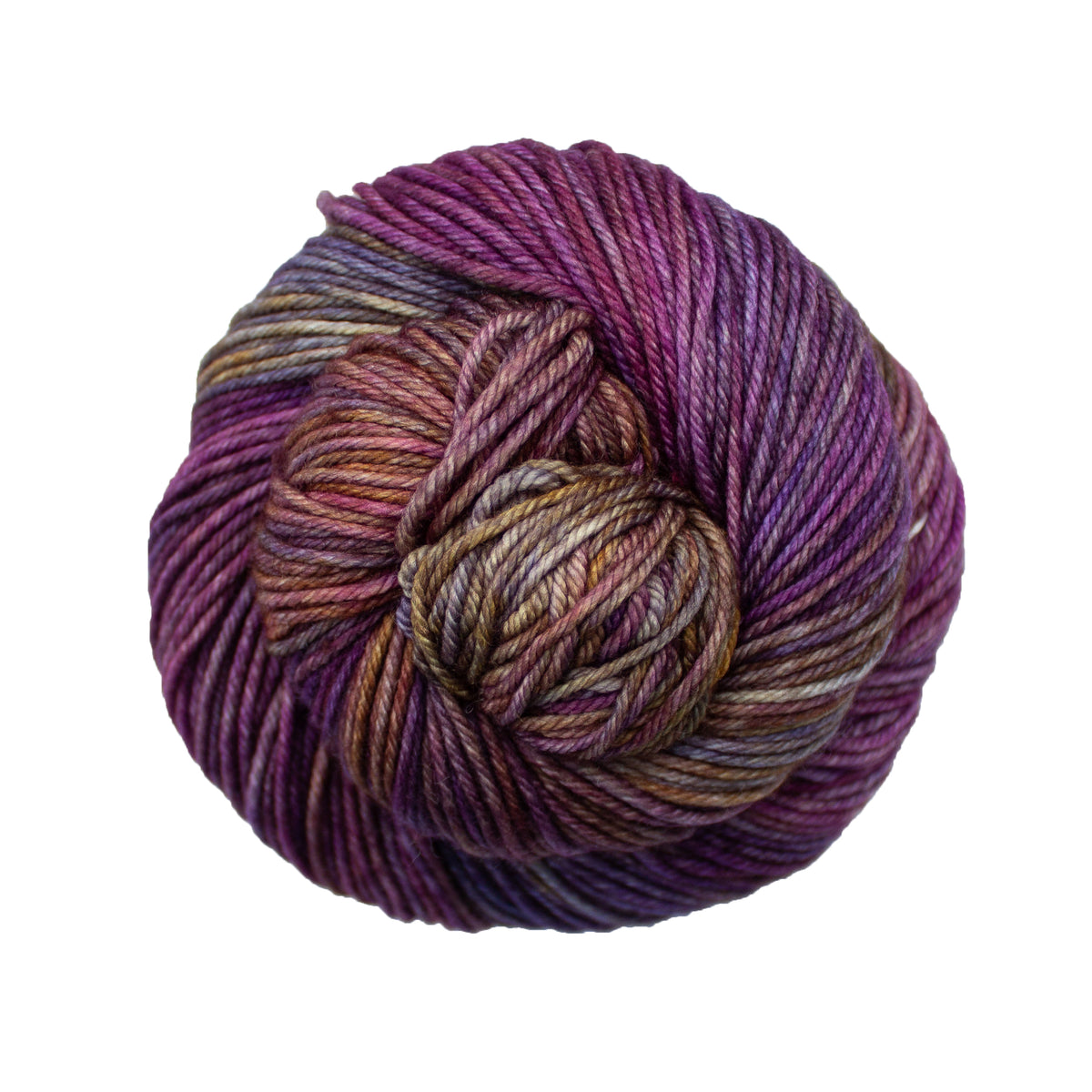 Multicolored hank of purple and brown yarn on a white background