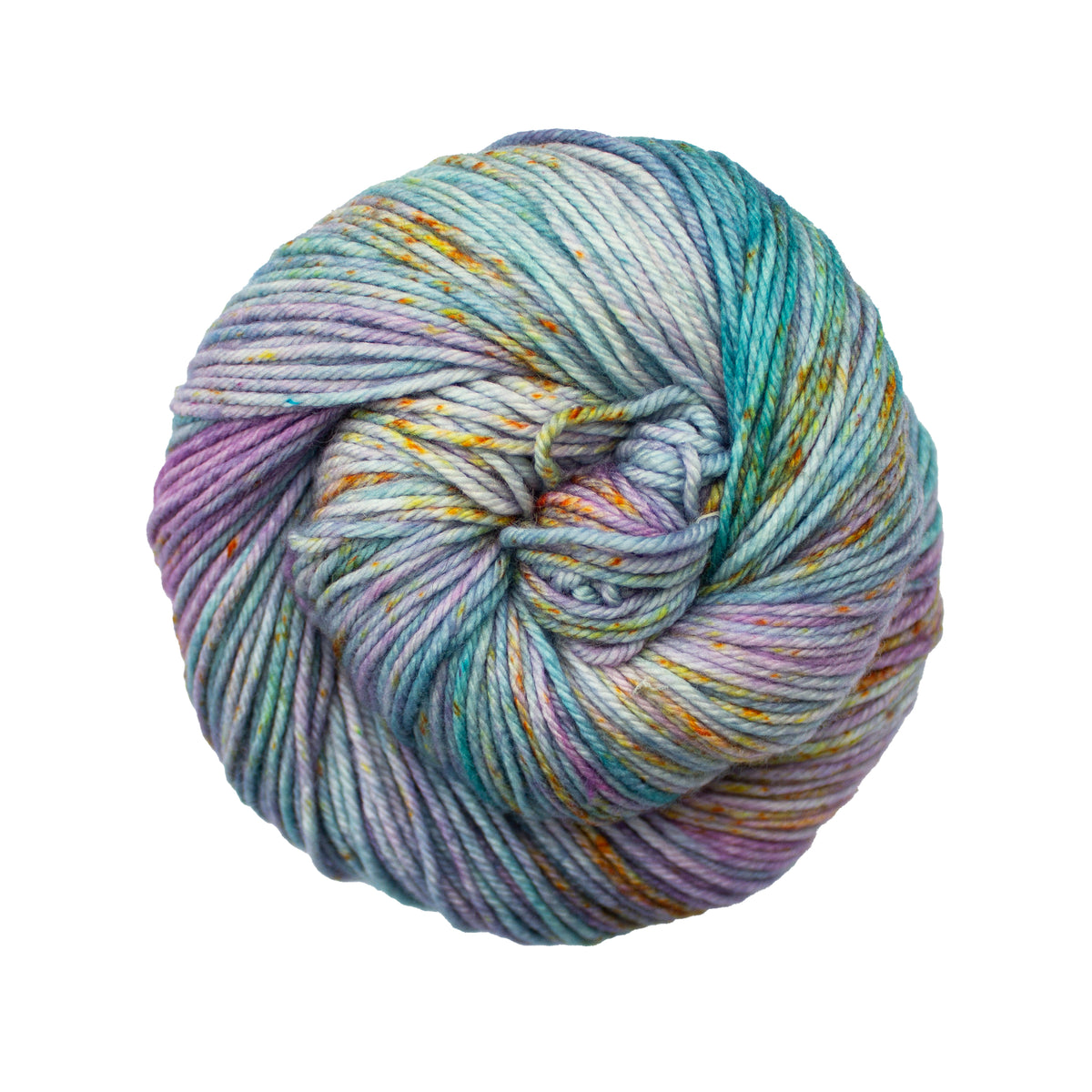 Multicolored hank of purple and blue yarn with yellow speckles on a white background