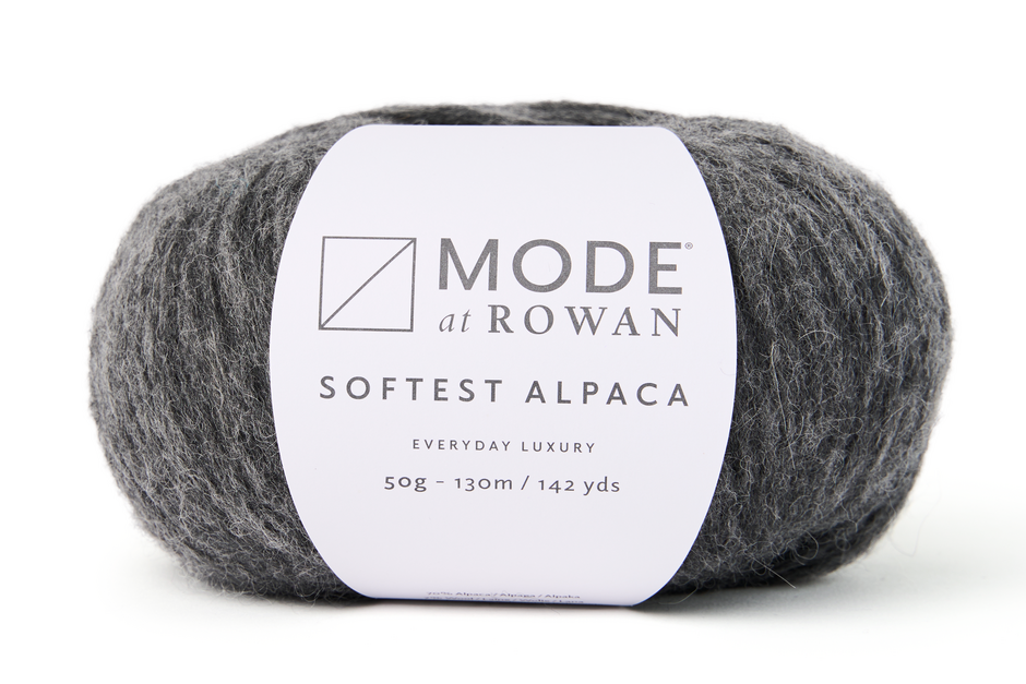 Gray yarn ball with a Mode at Rowan label on a white background