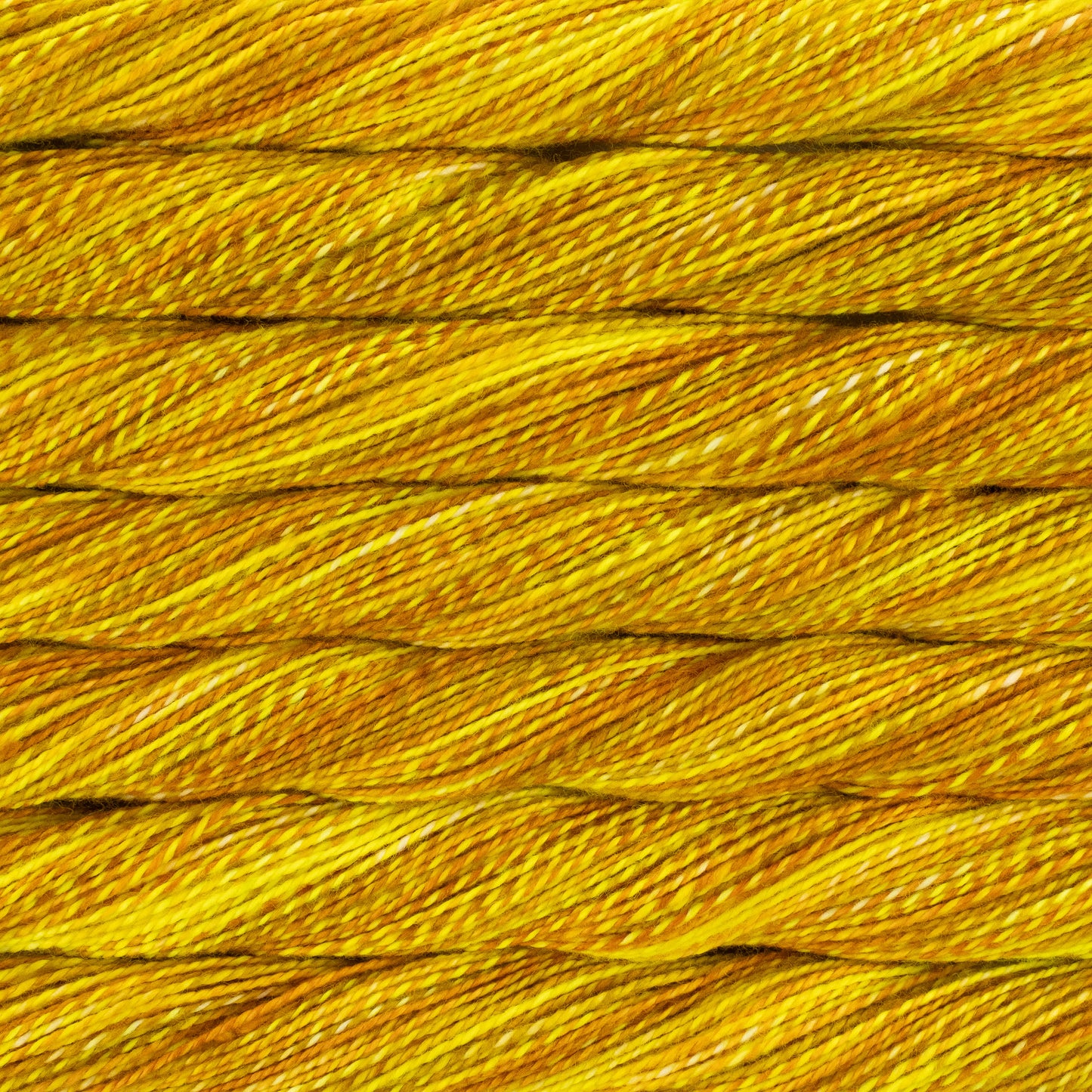 A close-up texture shot of bright golden-yellows yarn wound in horizontal rows.